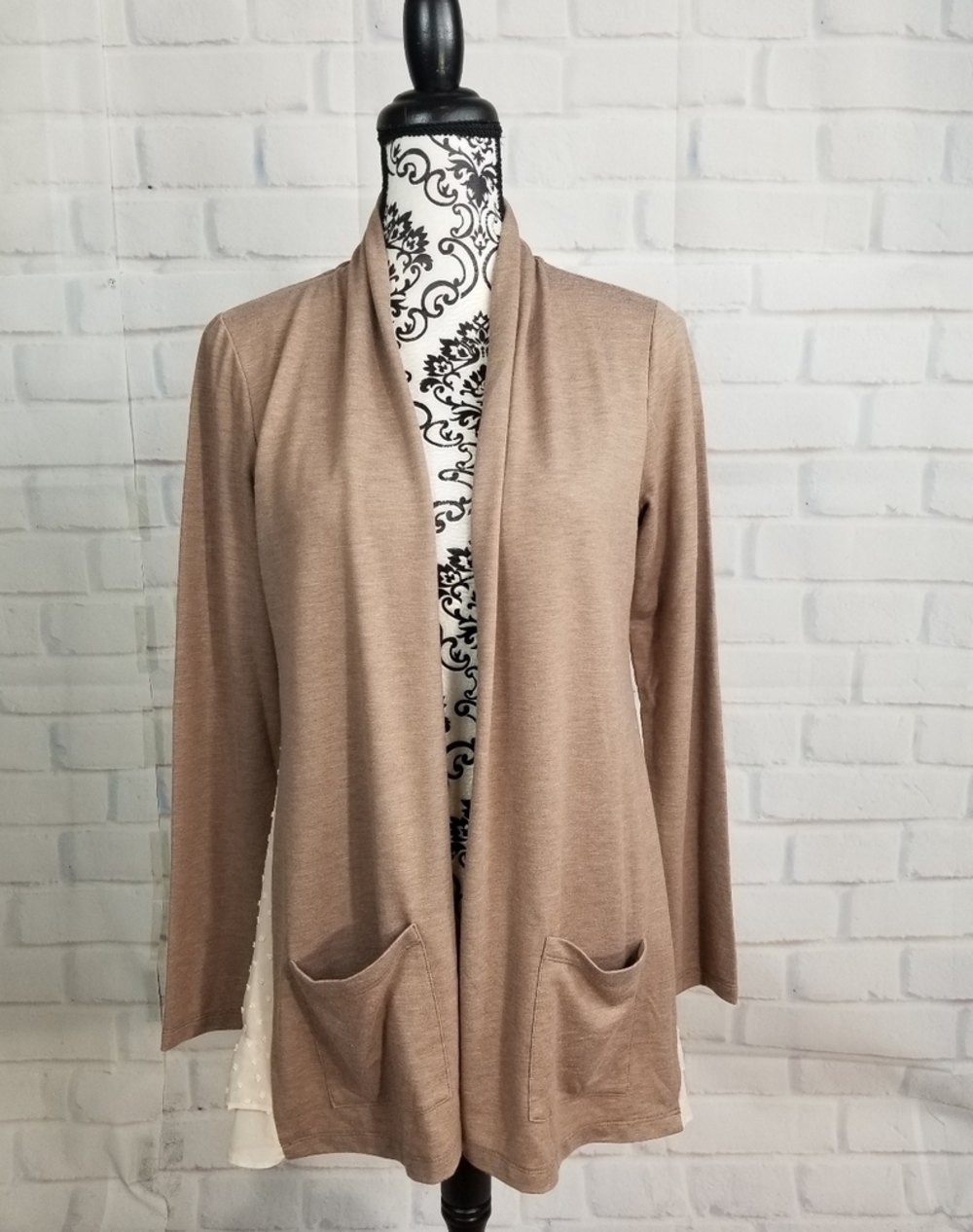 Logo open front long sleeve stretch cardigan sz l